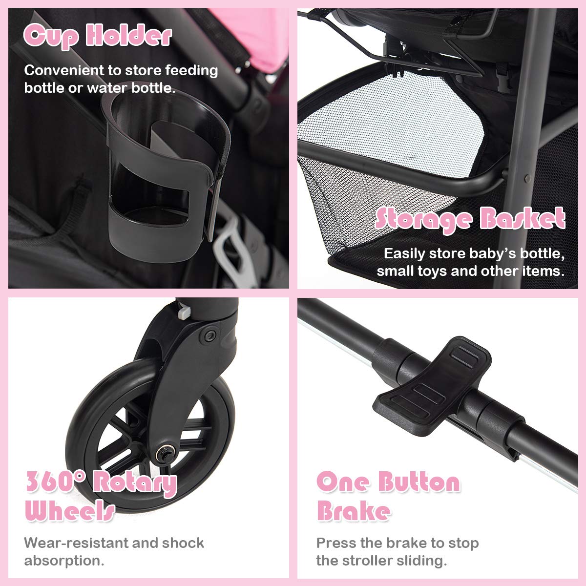 Baby Stroller, 2 in 1 Convertible Carriage Bassinet to Stroller, Pushchair with Foot Cover, Cup Holder, Large Storage Space, Wheels Suspension, 5-Point Harness (Pink)