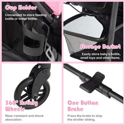 Baby Stroller, 2 in 1 Convertible Carriage Bassinet to Stroller, Pushchair with Foot Cover, Cup Holder, Large Storage Space, Wheels Suspension, 5-Point Harness (Pink)