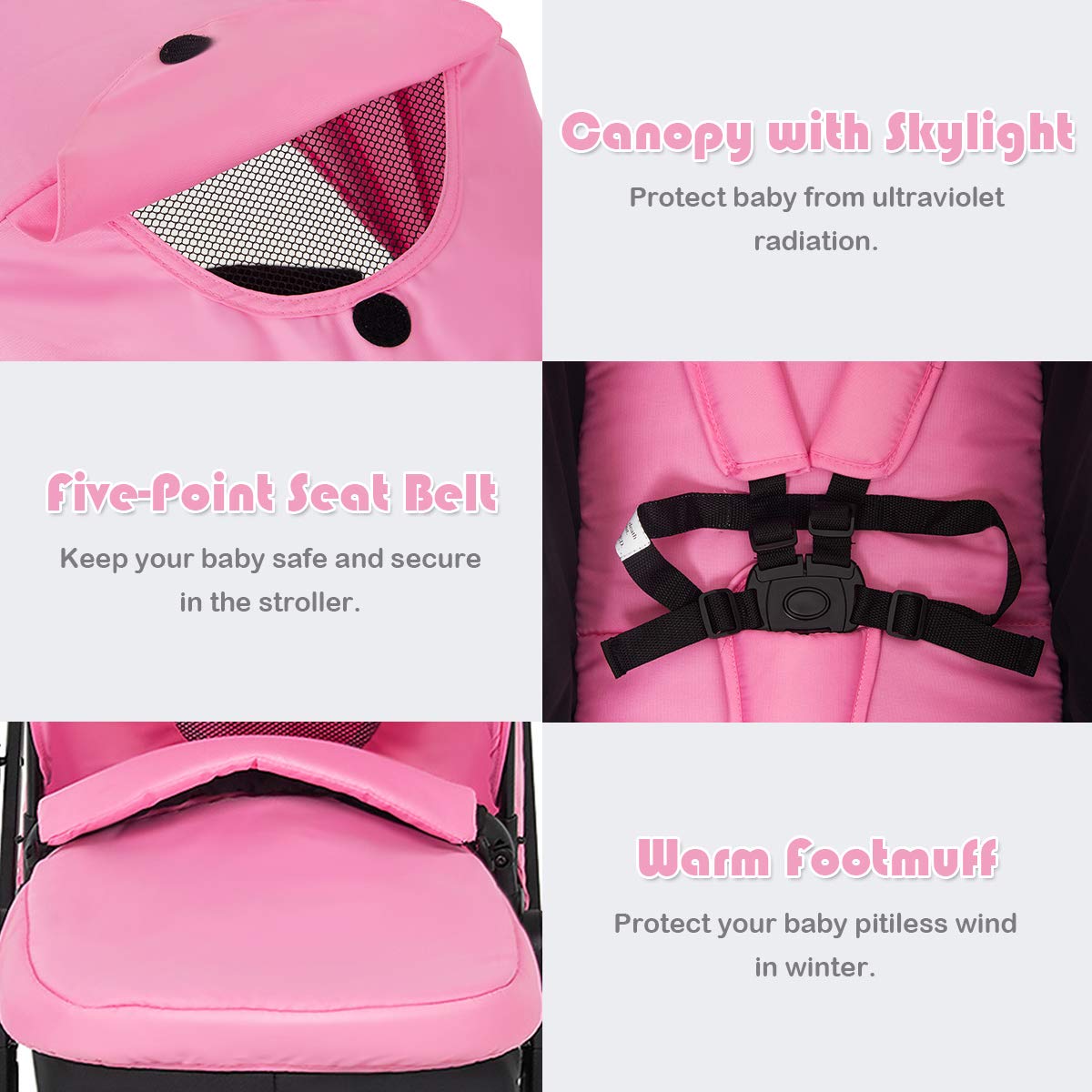 Baby Stroller, 2 in 1 Convertible Carriage Bassinet to Stroller, Pushchair with Foot Cover, Cup Holder, Large Storage Space, Wheels Suspension, 5-Point Harness (Pink)