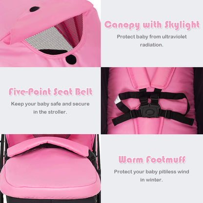 Baby Stroller, 2 in 1 Convertible Carriage Bassinet to Stroller, Pushchair with Foot Cover, Cup Holder, Large Storage Space, Wheels Suspension, 5-Point Harness (Pink)
