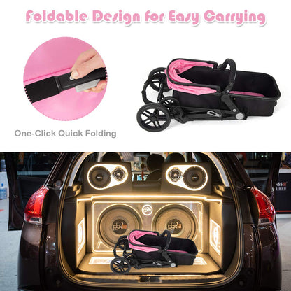 Baby Stroller, 2 in 1 Convertible Carriage Bassinet to Stroller, Pushchair with Foot Cover, Cup Holder, Large Storage Space, Wheels Suspension, 5-Point Harness (Pink)