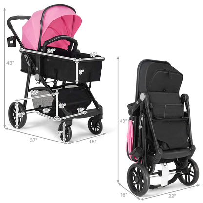 Baby Stroller, 2 in 1 Convertible Carriage Bassinet to Stroller, Pushchair with Foot Cover, Cup Holder, Large Storage Space, Wheels Suspension, 5-Point Harness (Pink)