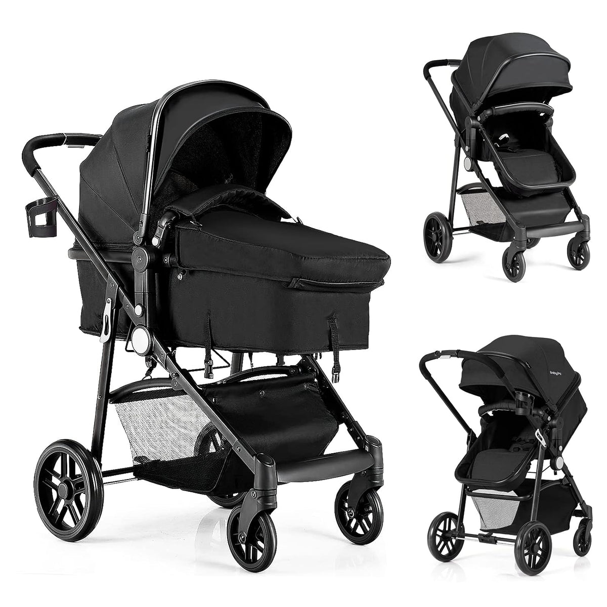 Baby Stroller, 2 in 1 Convertible Carriage Bassinet to Stroller, Pushchair with Foot Cover, Cup Holder, Large Storage Space, Wheels Suspension, 5-Point Harness (Pink)