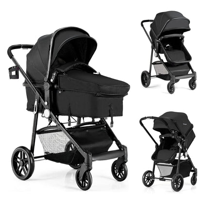 Baby Stroller, 2 in 1 Convertible Carriage Bassinet to Stroller, Pushchair with Foot Cover, Cup Holder, Large Storage Space, Wheels Suspension, 5-Point Harness (Pink)