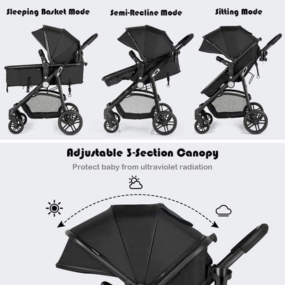 Baby Stroller, 2 in 1 Convertible Carriage Bassinet to Stroller, Pushchair with Foot Cover, Cup Holder, Large Storage Space, Wheels Suspension, 5-Point Harness (Pink)