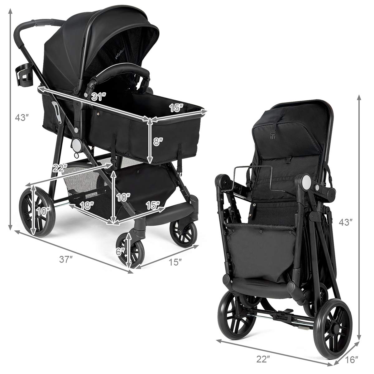 Baby Stroller, 2 in 1 Convertible Carriage Bassinet to Stroller, Pushchair with Foot Cover, Cup Holder, Large Storage Space, Wheels Suspension, 5-Point Harness (Pink)