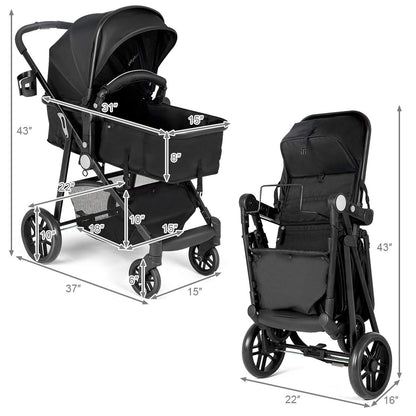 Baby Stroller, 2 in 1 Convertible Carriage Bassinet to Stroller, Pushchair with Foot Cover, Cup Holder, Large Storage Space, Wheels Suspension, 5-Point Harness (Pink)