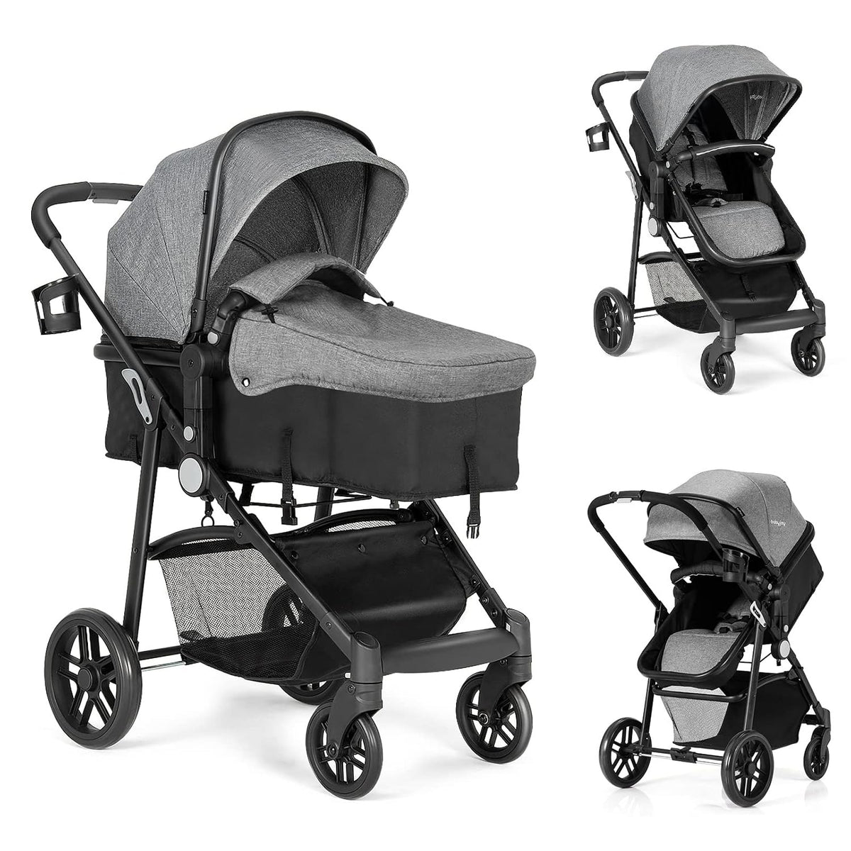 Baby Stroller, 2 in 1 Convertible Carriage Bassinet to Stroller, Pushchair with Foot Cover, Cup Holder, Large Storage Space, Wheels Suspension, 5-Point Harness (Pink)