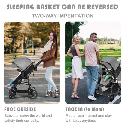 Baby Stroller, 2 in 1 Convertible Carriage Bassinet to Stroller, Pushchair with Foot Cover, Cup Holder, Large Storage Space, Wheels Suspension, 5-Point Harness (Pink)