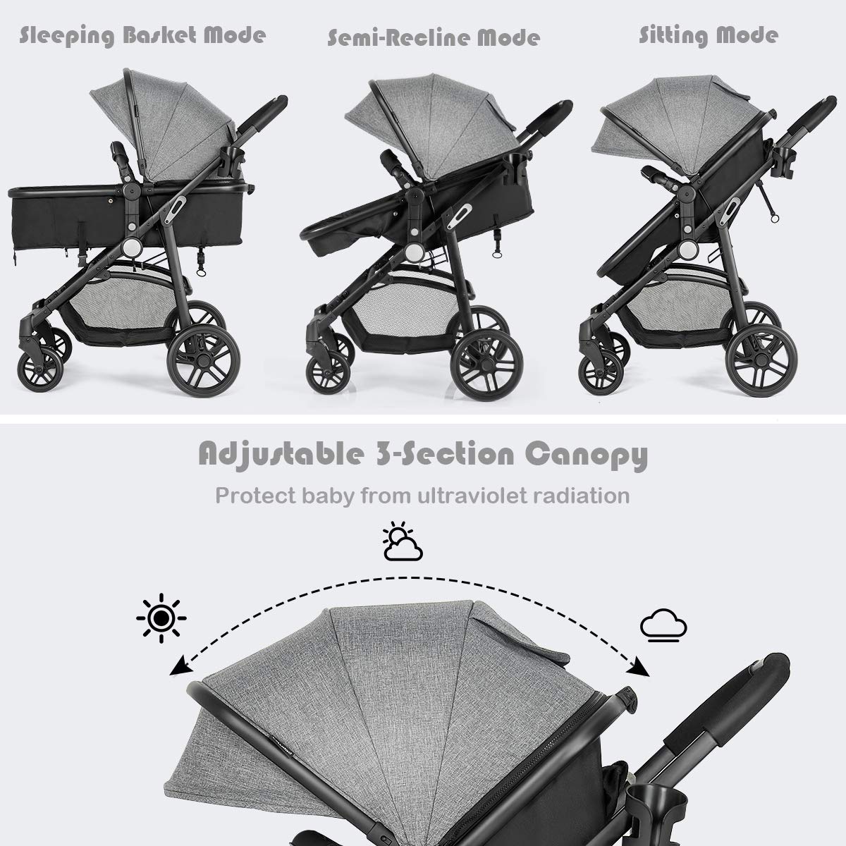 Baby Stroller, 2 in 1 Convertible Carriage Bassinet to Stroller, Pushchair with Foot Cover, Cup Holder, Large Storage Space, Wheels Suspension, 5-Point Harness (Pink)