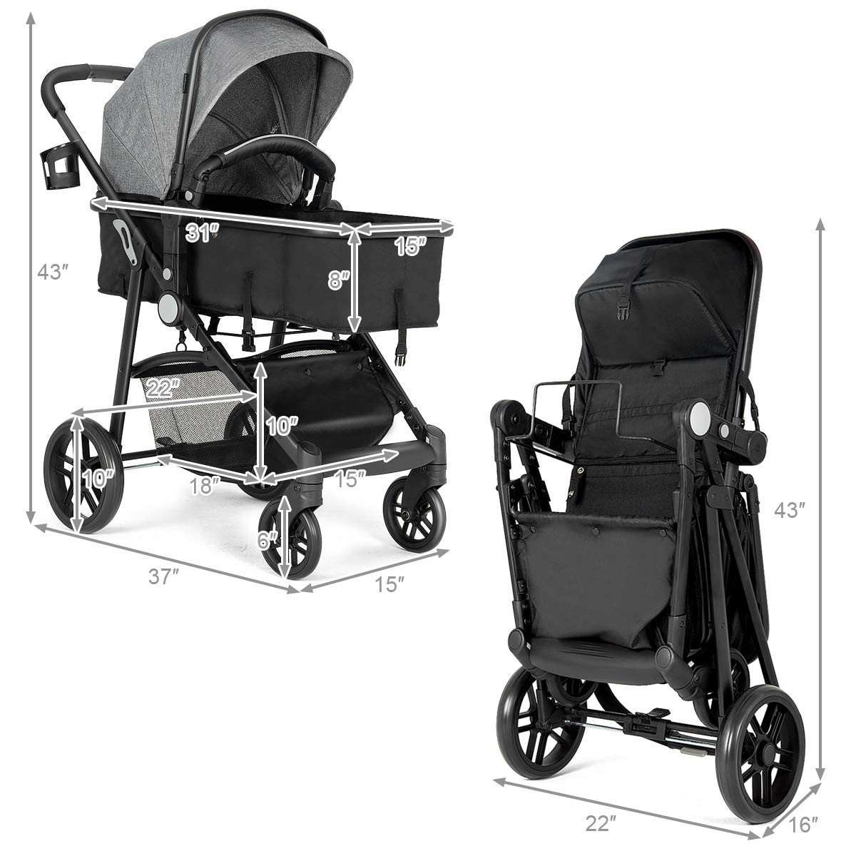 Baby Stroller, 2 in 1 Convertible Carriage Bassinet to Stroller, Pushchair with Foot Cover, Cup Holder, Large Storage Space, Wheels Suspension, 5-Point Harness (Pink)