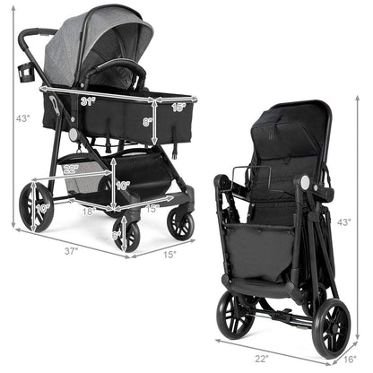 Baby Stroller, 2 in 1 Convertible Carriage Bassinet to Stroller, Pushchair with Foot Cover, Cup Holder, Large Storage Space, Wheels Suspension, 5-Point Harness (Pink)