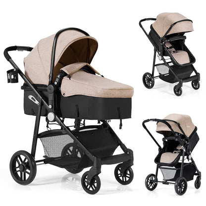 Baby Stroller, 2 in 1 Convertible Carriage Bassinet to Stroller, Pushchair with Foot Cover, Cup Holder, Large Storage Space, Wheels Suspension, 5-Point Harness (Pink)