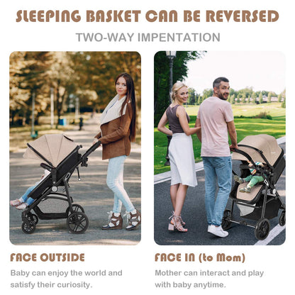Baby Stroller, 2 in 1 Convertible Carriage Bassinet to Stroller, Pushchair with Foot Cover, Cup Holder, Large Storage Space, Wheels Suspension, 5-Point Harness (Pink)