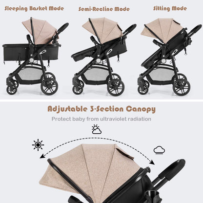 Baby Stroller, 2 in 1 Convertible Carriage Bassinet to Stroller, Pushchair with Foot Cover, Cup Holder, Large Storage Space, Wheels Suspension, 5-Point Harness (Pink)