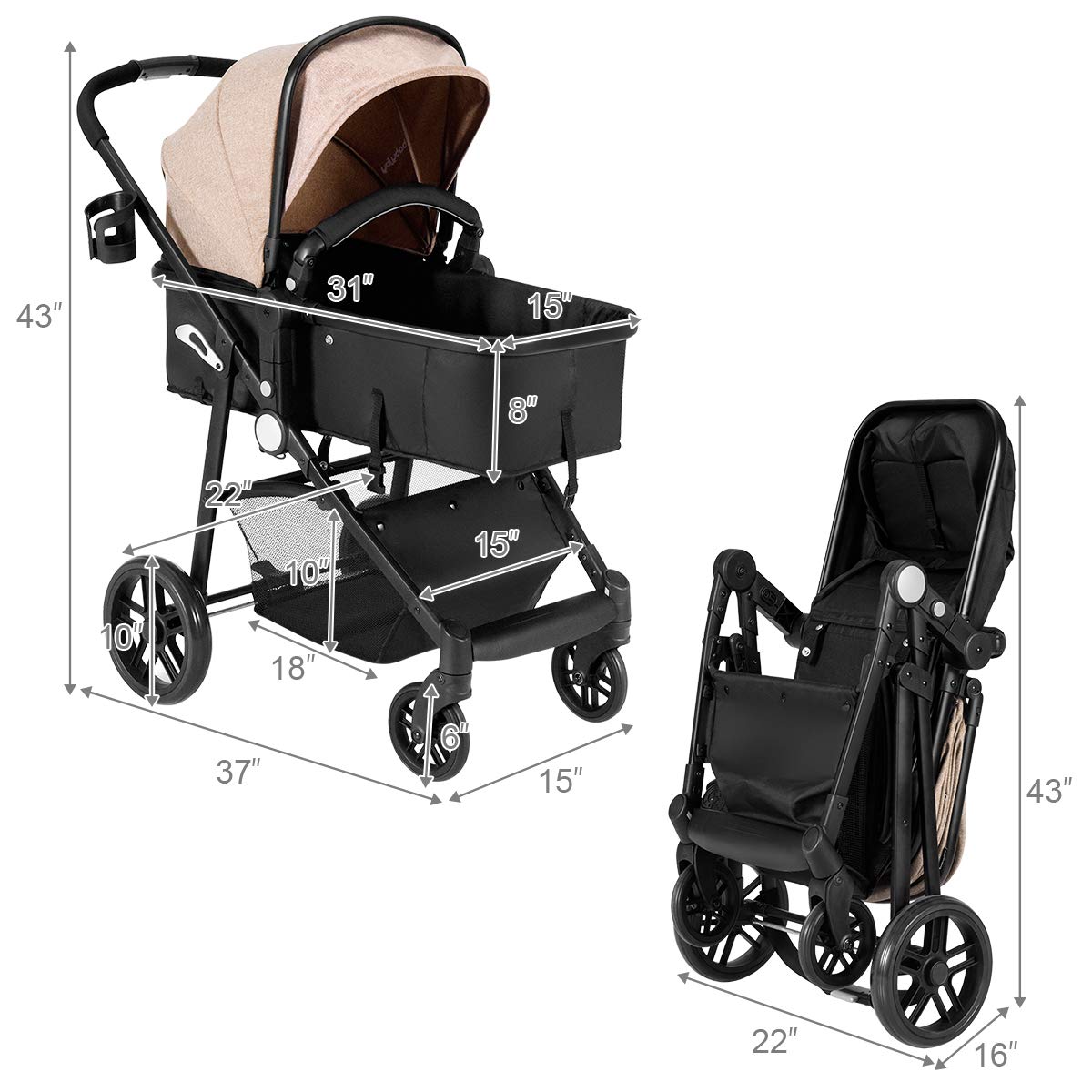 Baby Stroller, 2 in 1 Convertible Carriage Bassinet to Stroller, Pushchair with Foot Cover, Cup Holder, Large Storage Space, Wheels Suspension, 5-Point Harness (Pink)