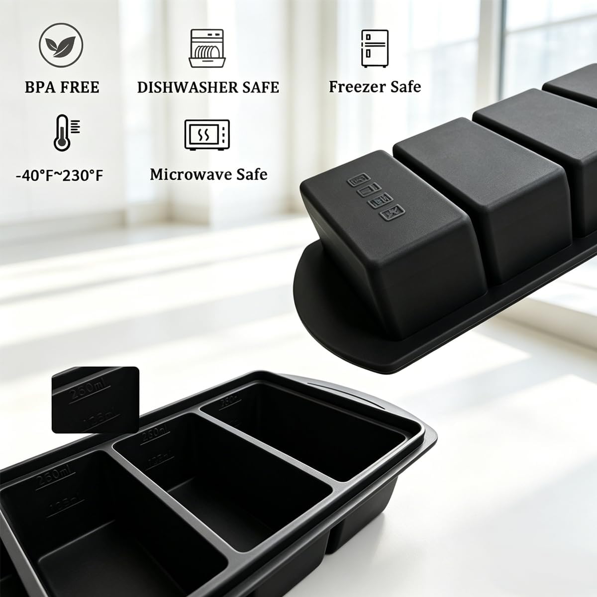 Silicone Freezer Tray with Lid 2 Pack, 1 Cup Silicone Freezer Mold, Large Ice Cube Tray for Soup Cubes & Meal Prep, Freezer Food Storage Container, Oven & Dishwasher Safe