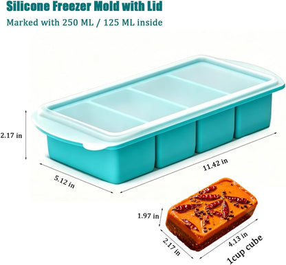 Silicone Freezer Tray with Lid 2 Pack, 1 Cup Silicone Freezer Mold, Large Ice Cube Tray for Soup Cubes & Meal Prep, Freezer Food Storage Container, Oven & Dishwasher Safe