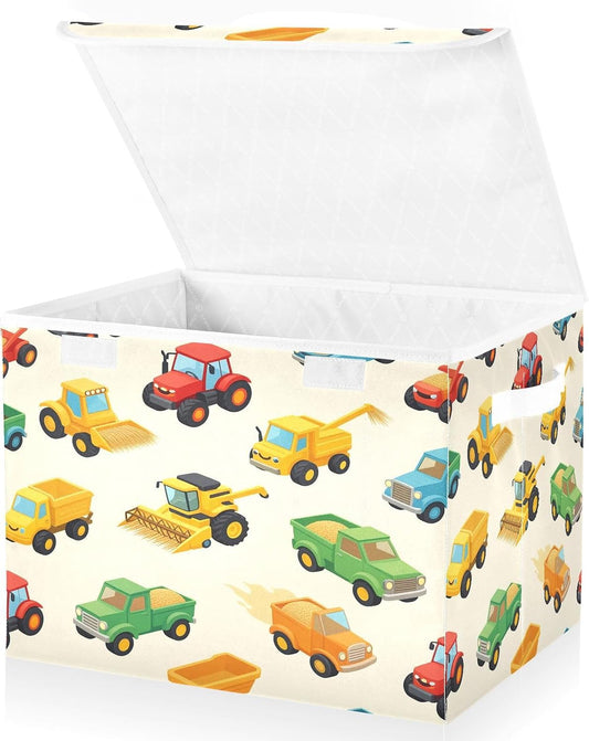Colorful Toy Vehicles Storage Bins with Lids Cute Foldable Storage Basket with Handles Collapsible Large Fabric Organizer Containers for Clothes Shelves Closet Office Home