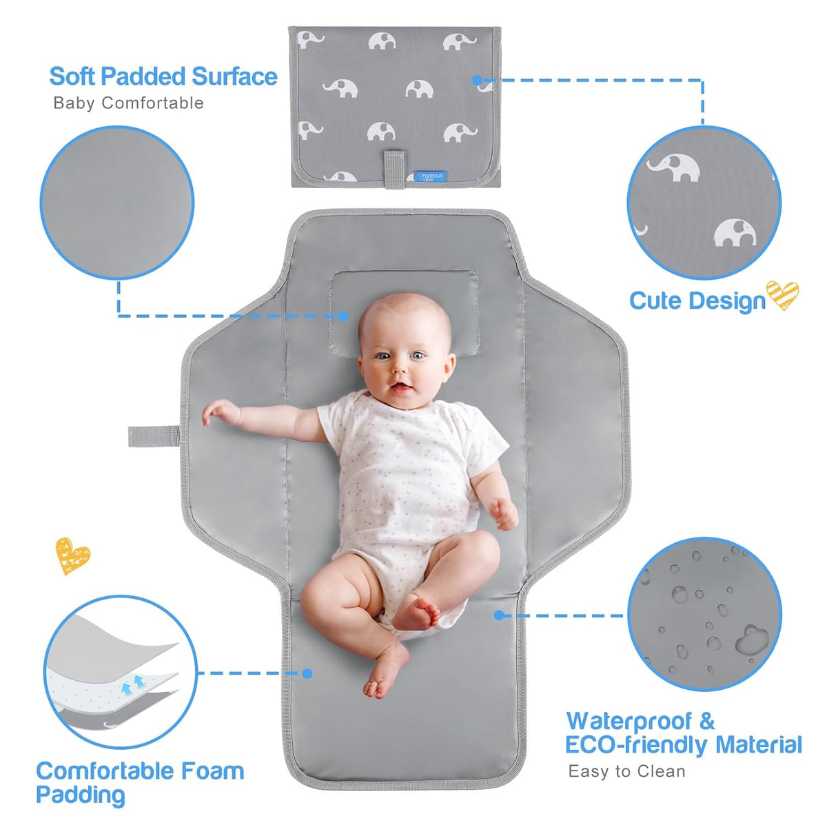 Portable Changing Pad — Foldable Travel Diaper Changing Mat, One-Hand Open Waterproof Baby Changer for On-the-Go Moms, Fits Diaper Bag (Cute Elephant)