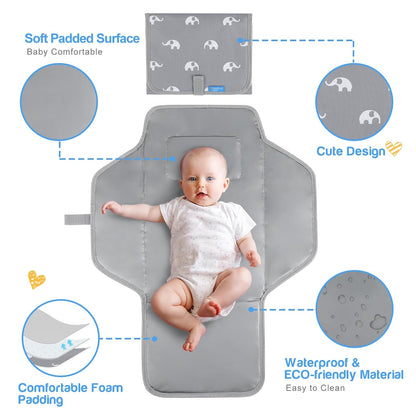 Portable Changing Pad — Foldable Travel Diaper Changing Mat, One-Hand Open Waterproof Baby Changer for On-the-Go Moms, Fits Diaper Bag (Cute Elephant)