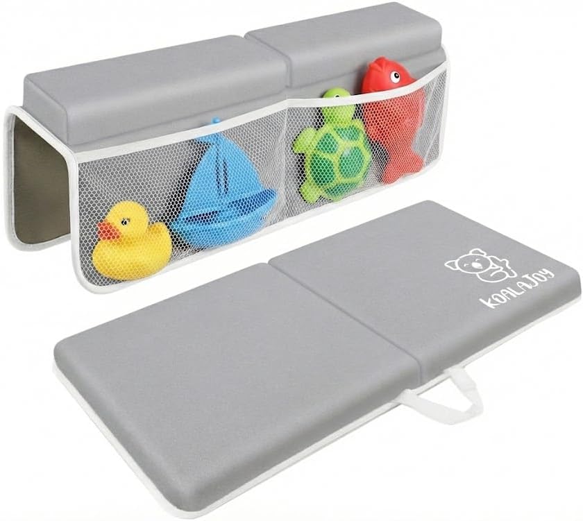 Comfortable Bath Kneeler and Elbow Rest Pad for Baby Bathing – Thick Memory Foam Mat – Non-Slip Mat with Toy Organizer – Baby Bathing Essentials for Parents – Gray