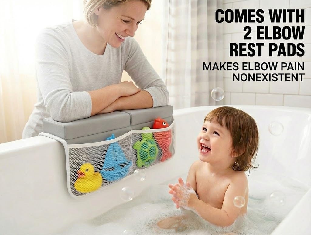 Comfortable Bath Kneeler and Elbow Rest Pad for Baby Bathing – Thick Memory Foam Mat – Non-Slip Mat with Toy Organizer – Baby Bathing Essentials for Parents – Gray