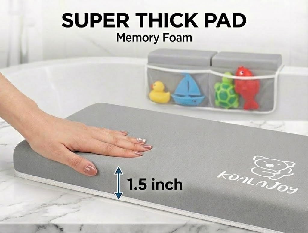 Comfortable Bath Kneeler and Elbow Rest Pad for Baby Bathing – Thick Memory Foam Mat – Non-Slip Mat with Toy Organizer – Baby Bathing Essentials for Parents – Gray