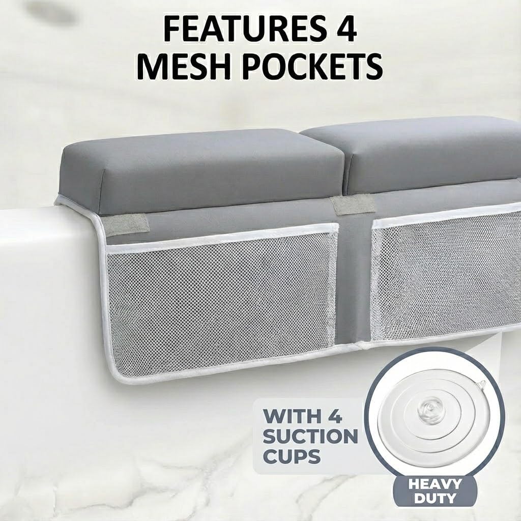 Comfortable Bath Kneeler and Elbow Rest Pad for Baby Bathing – Thick Memory Foam Mat – Non-Slip Mat with Toy Organizer – Baby Bathing Essentials for Parents – Gray