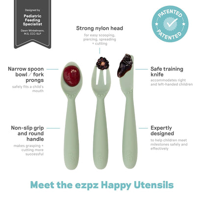 Preschool Feeding Set 24m+ (Sage) Happy Mat + Happy Utensils + Happy Cup + Straw Training System Toddler Essentials