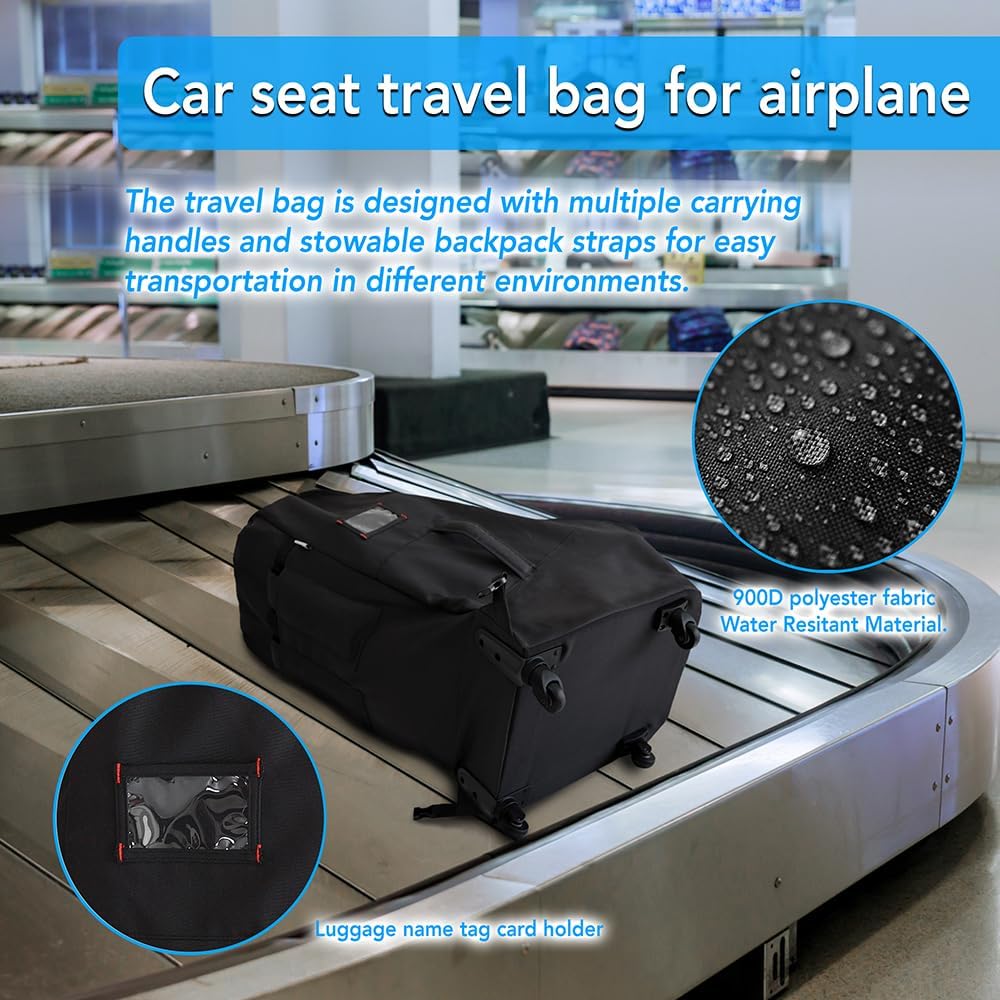 Car Seat Travel Bag With Wheels Car Seat Bag For Airplane Padded Adjustable Strap Car Seat Carrier Car Seat Travel Cover With Wheels (Black)