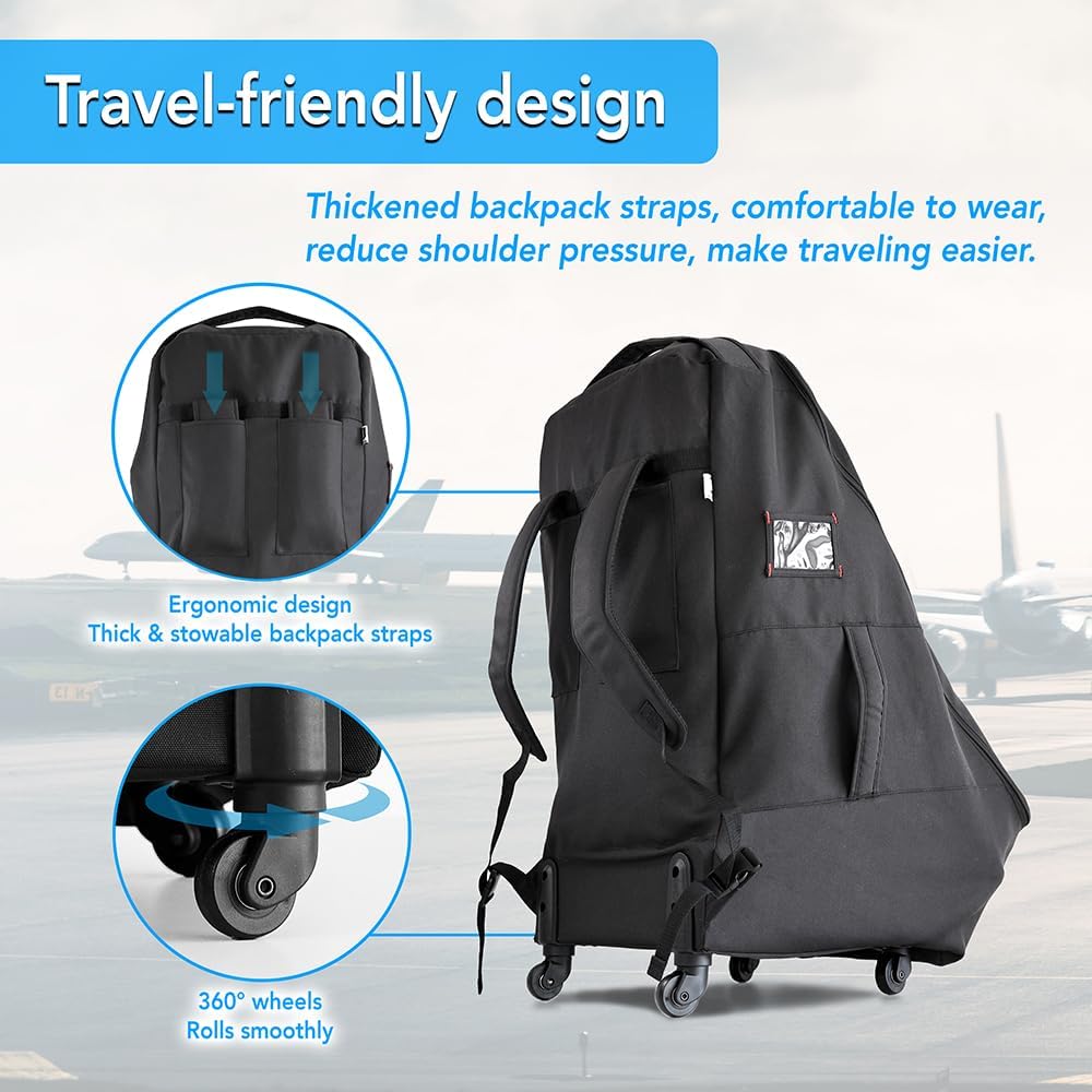 Car Seat Travel Bag With Wheels Car Seat Bag For Airplane Padded Adjustable Strap Car Seat Carrier Car Seat Travel Cover With Wheels (Black)
