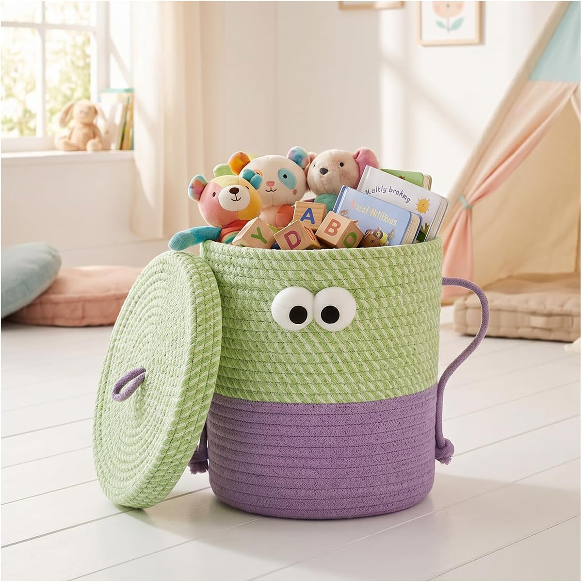 Cotton Rope Storage Basket with Lid & Handles, Cute Monster Decor Basket for Nursery, Toys, Diapers, Baby Shower & Easter Gift, 9.8" x 9.8" (Green & Purple)