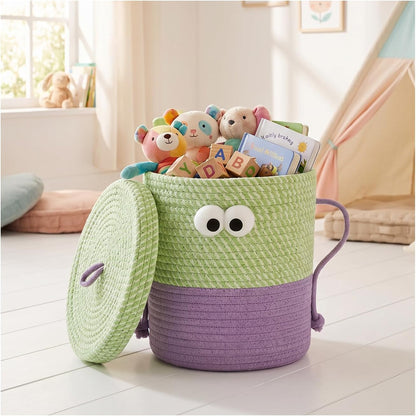 Cotton Rope Storage Basket with Lid & Handles, Cute Monster Decor Basket for Nursery, Toys, Diapers, Baby Shower & Easter Gift, 9.8" x 9.8" (Green & Purple)
