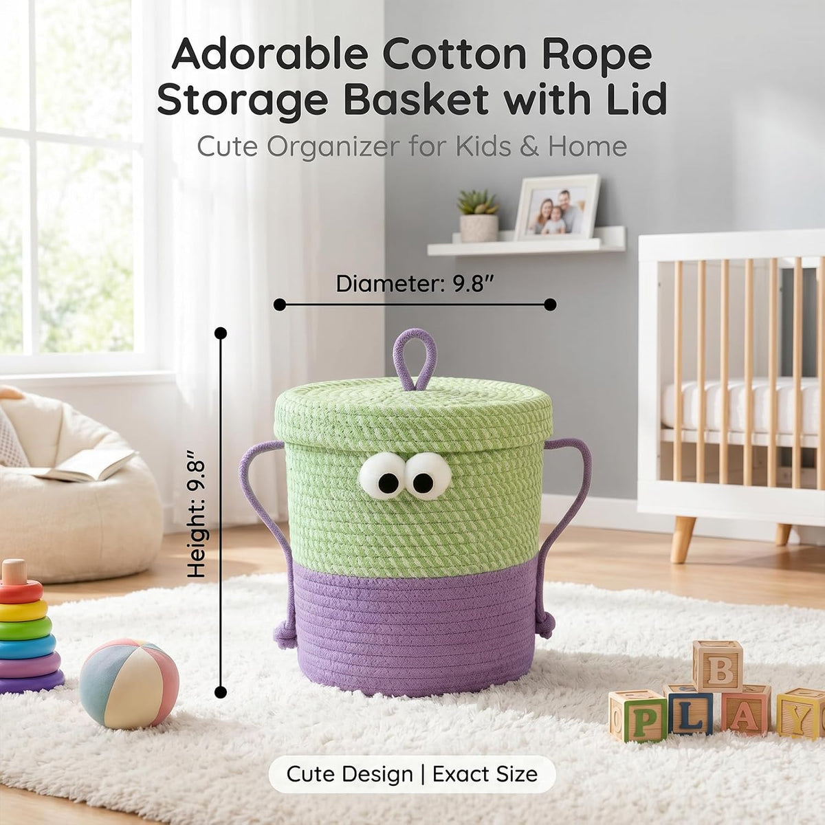 Cotton Rope Storage Basket with Lid & Handles, Cute Monster Decor Basket for Nursery, Toys, Diapers, Baby Shower & Easter Gift, 9.8" x 9.8" (Green & Purple)