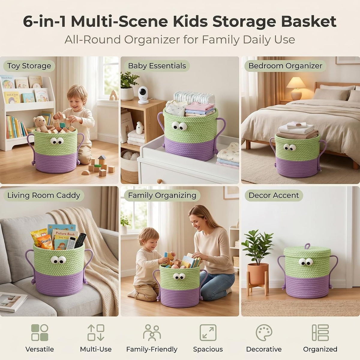 Cotton Rope Storage Basket with Lid & Handles, Cute Monster Decor Basket for Nursery, Toys, Diapers, Baby Shower & Easter Gift, 9.8" x 9.8" (Green & Purple)