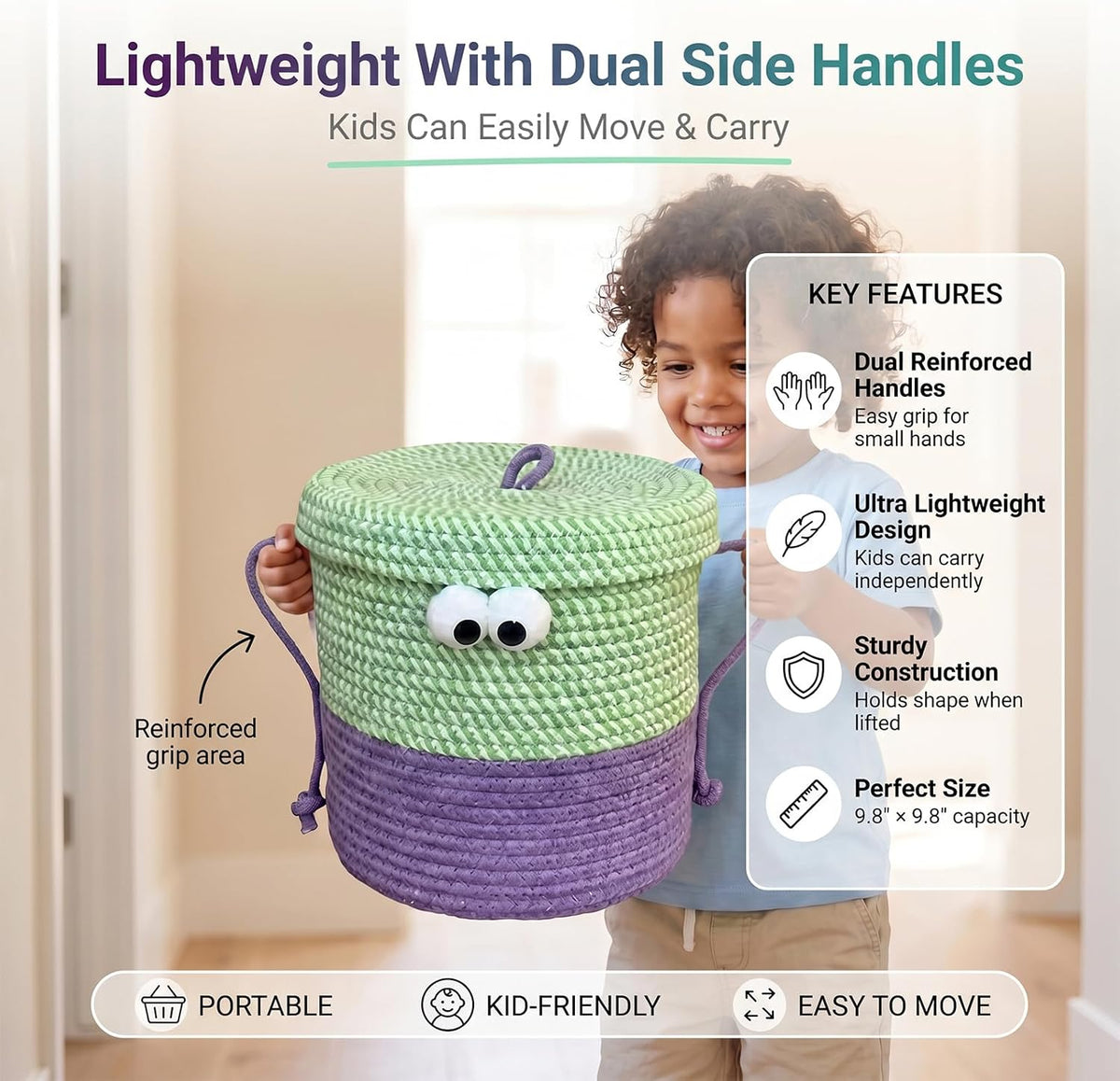 Cotton Rope Storage Basket with Lid & Handles, Cute Monster Decor Basket for Nursery, Toys, Diapers, Baby Shower & Easter Gift, 9.8" x 9.8" (Green & Purple)