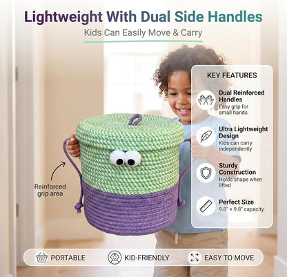 Cotton Rope Storage Basket with Lid & Handles, Cute Monster Decor Basket for Nursery, Toys, Diapers, Baby Shower & Easter Gift, 9.8" x 9.8" (Green & Purple)