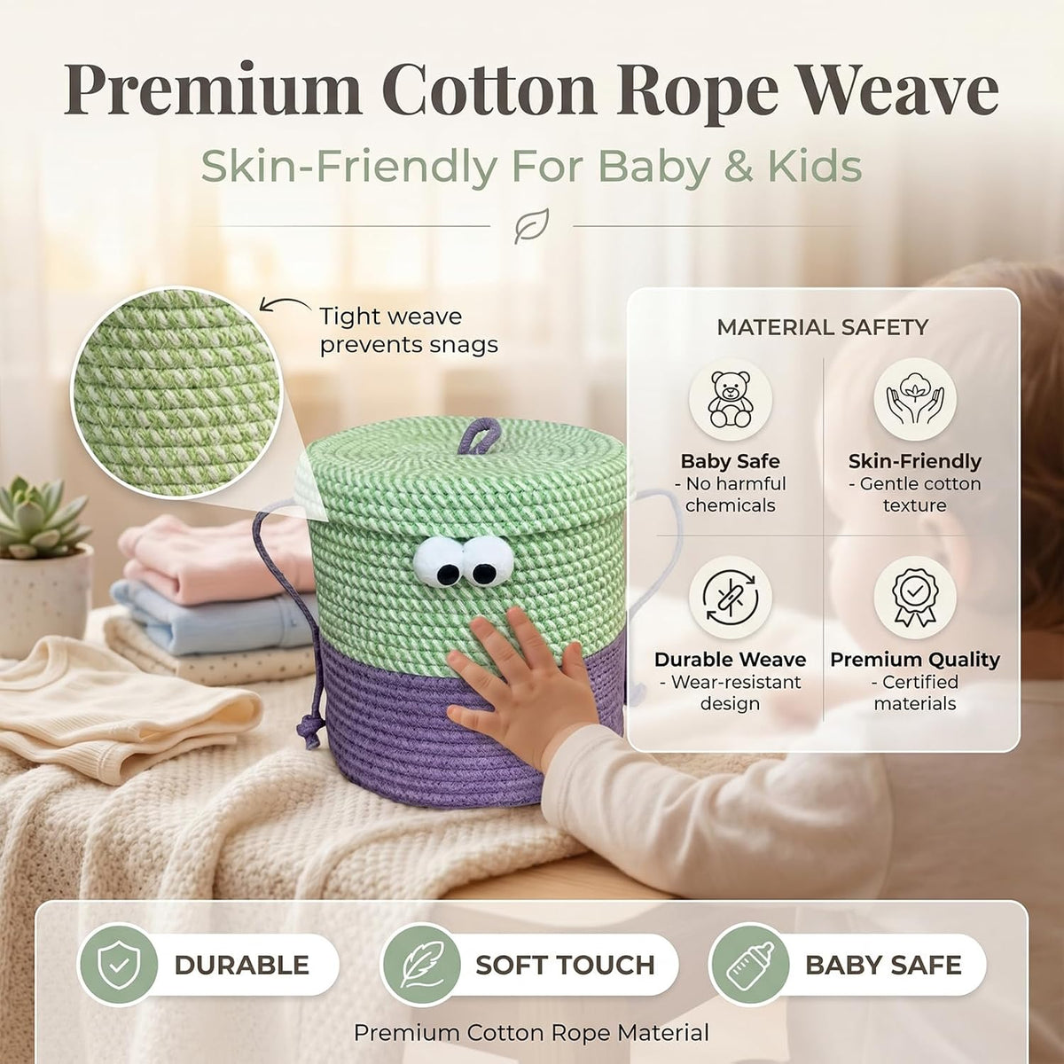 Cotton Rope Storage Basket with Lid & Handles, Cute Monster Decor Basket for Nursery, Toys, Diapers, Baby Shower & Easter Gift, 9.8" x 9.8" (Green & Purple)