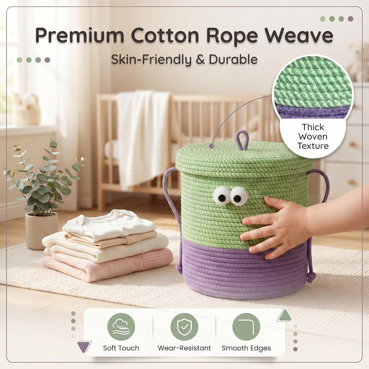 Cotton Rope Storage Basket with Lid & Handles, Cute Monster Decor Basket for Nursery, Toys, Diapers, Baby Shower & Easter Gift, 9.8" x 9.8" (Green & Purple)