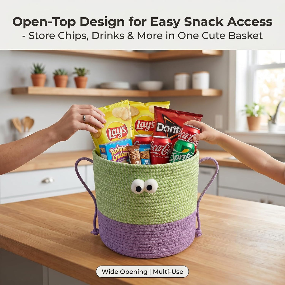 Cotton Rope Storage Basket with Lid & Handles, Cute Monster Decor Basket for Nursery, Toys, Diapers, Baby Shower & Easter Gift, 9.8" x 9.8" (Green & Purple)