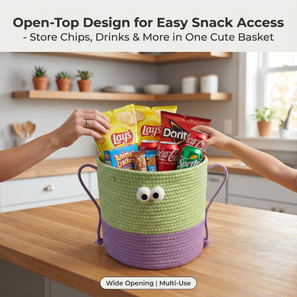 Cotton Rope Storage Basket with Lid & Handles, Cute Monster Decor Basket for Nursery, Toys, Diapers, Baby Shower & Easter Gift, 9.8" x 9.8" (Green & Purple)