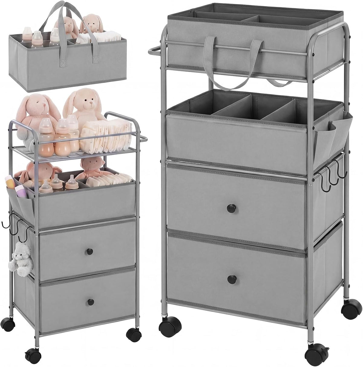 3In1 Baby Diaper Caddy Organizer Cart 4 Tier Large Capacity Metal Utility Bedside Rolling Cart with Divider Newborn Registry Nursery Essential Must Have Bedroom Gift Baby Shower(Gray)