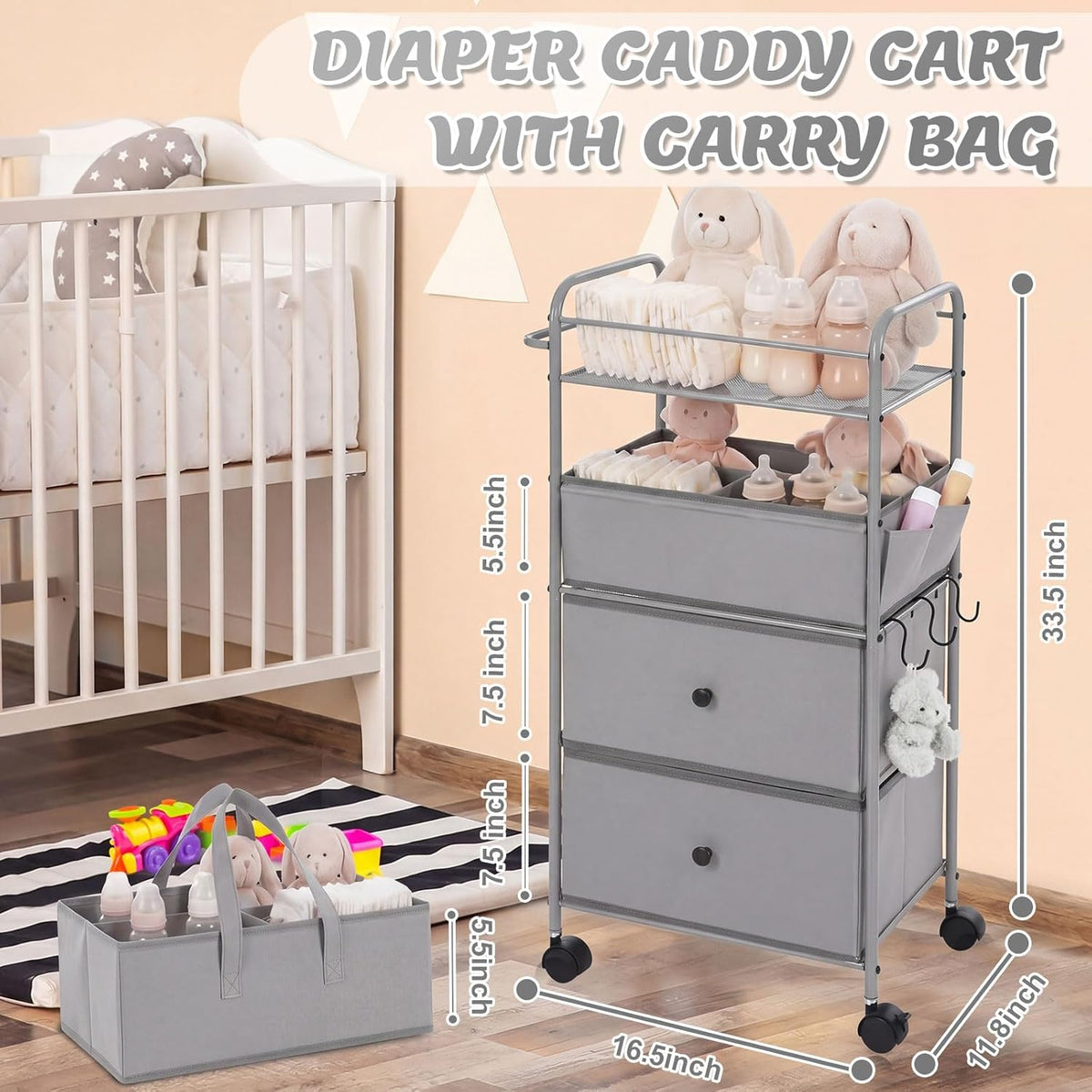 3In1 Baby Diaper Caddy Organizer Cart 4 Tier Large Capacity Metal Utility Bedside Rolling Cart with Divider Newborn Registry Nursery Essential Must Have Bedroom Gift Baby Shower(Gray)