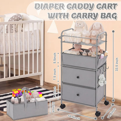 3In1 Baby Diaper Caddy Organizer Cart 4 Tier Large Capacity Metal Utility Bedside Rolling Cart with Divider Newborn Registry Nursery Essential Must Have Bedroom Gift Baby Shower(Gray)