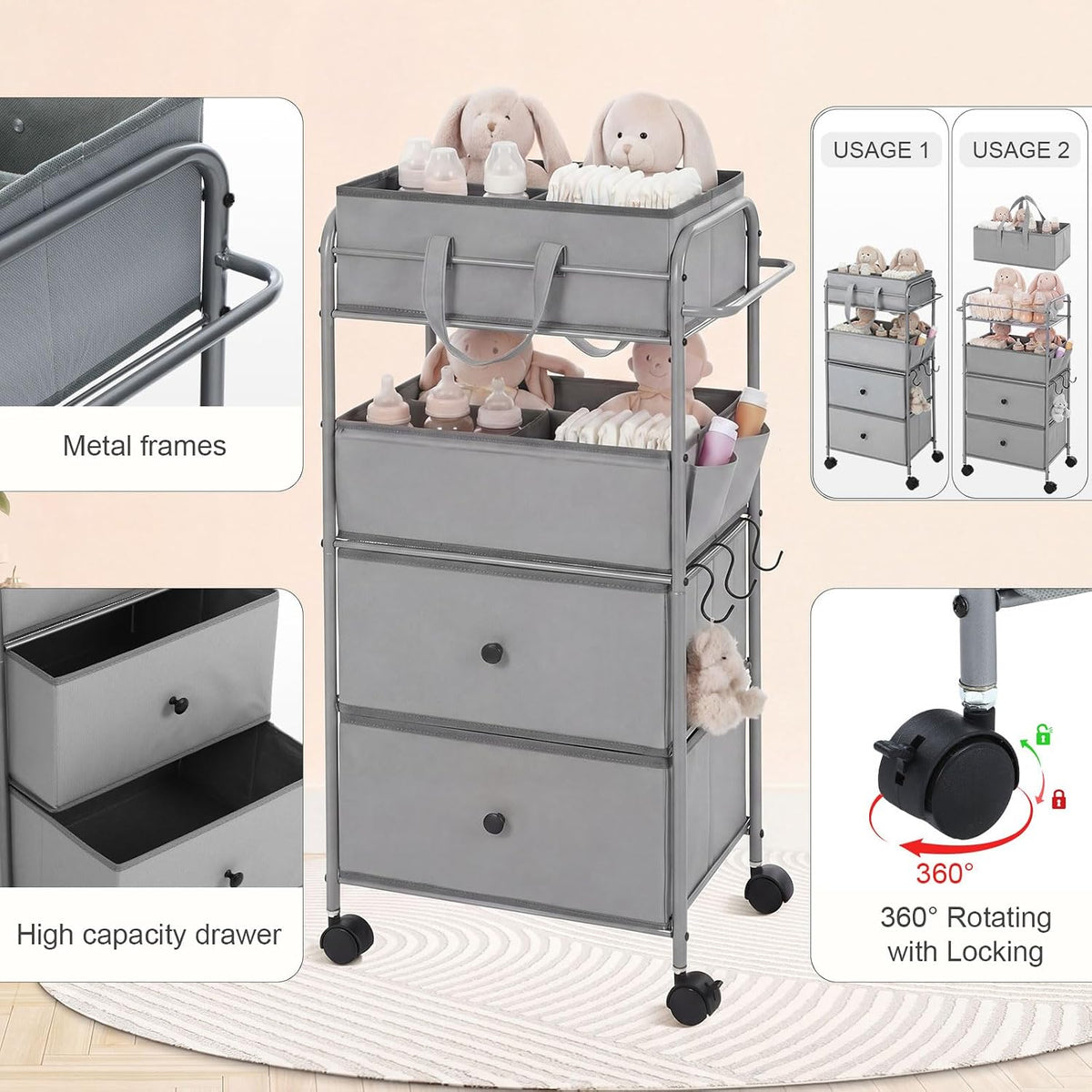 3In1 Baby Diaper Caddy Organizer Cart 4 Tier Large Capacity Metal Utility Bedside Rolling Cart with Divider Newborn Registry Nursery Essential Must Have Bedroom Gift Baby Shower(Gray)
