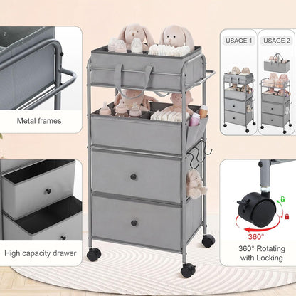 3In1 Baby Diaper Caddy Organizer Cart 4 Tier Large Capacity Metal Utility Bedside Rolling Cart with Divider Newborn Registry Nursery Essential Must Have Bedroom Gift Baby Shower(Gray)