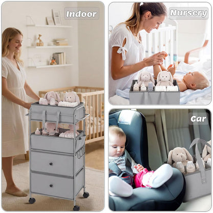 3In1 Baby Diaper Caddy Organizer Cart 4 Tier Large Capacity Metal Utility Bedside Rolling Cart with Divider Newborn Registry Nursery Essential Must Have Bedroom Gift Baby Shower(Gray)