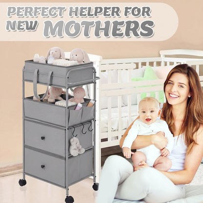 3In1 Baby Diaper Caddy Organizer Cart 4 Tier Large Capacity Metal Utility Bedside Rolling Cart with Divider Newborn Registry Nursery Essential Must Have Bedroom Gift Baby Shower(Gray)