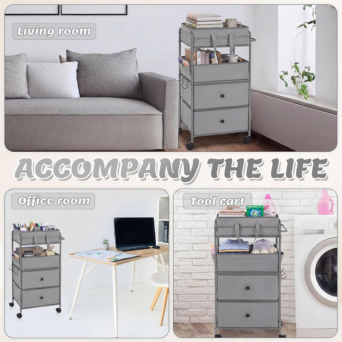 3In1 Baby Diaper Caddy Organizer Cart 4 Tier Large Capacity Metal Utility Bedside Rolling Cart with Divider Newborn Registry Nursery Essential Must Have Bedroom Gift Baby Shower(Gray)